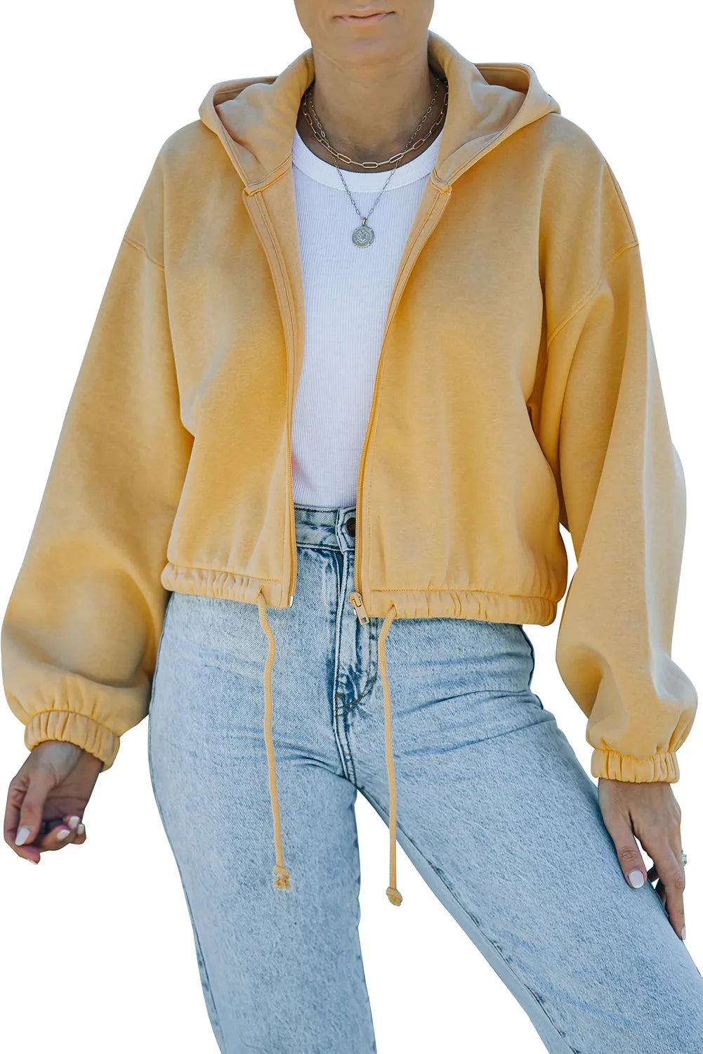 Yellow Zip Closure Drawstring Cinched Cropped Hoodie - Chic Meadow Boutique 