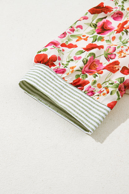 Red Floral Print Striped Patchwork Collared Short Sleeve Blouse