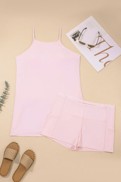 Pink Plus Size Build-in Shorts Sleeveless Dress With Short Two Piece Set