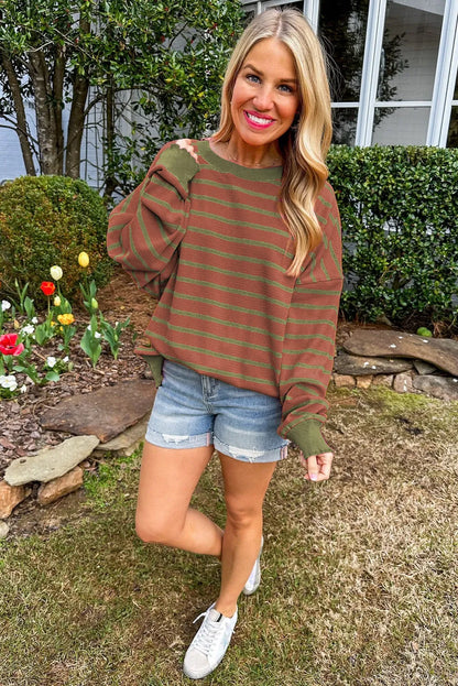 Brown Stripe Trimmed Round Neck Drop Shoulder Loose Sweater - Chic Meadow Boutique 