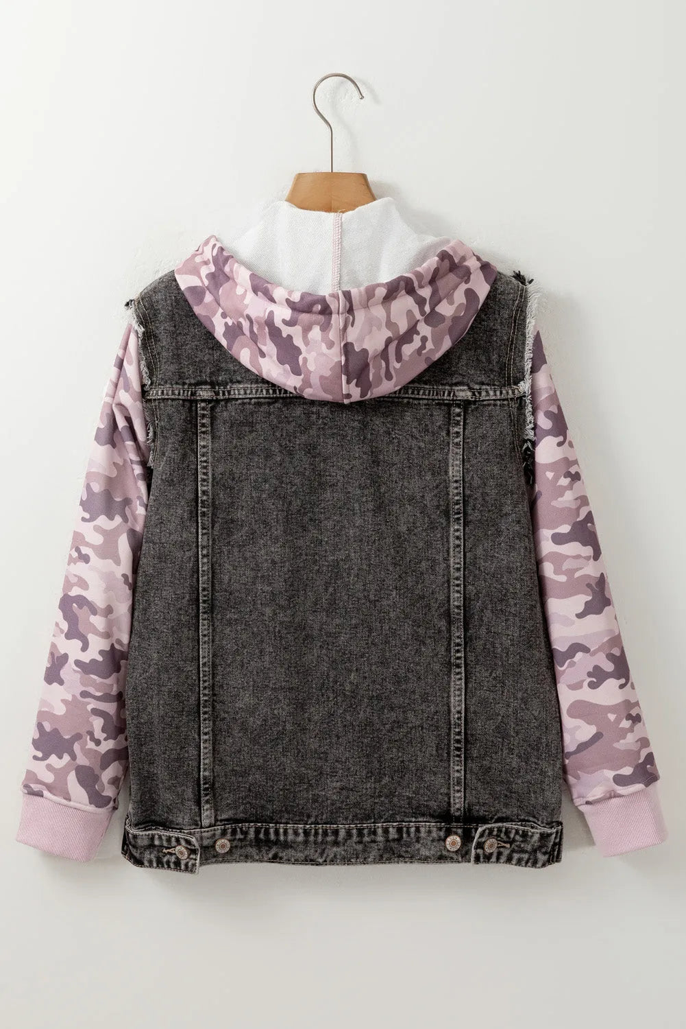 Black Camo Sleeve Hooded Buttoned Denim Jacket - Chic Meadow Boutique 