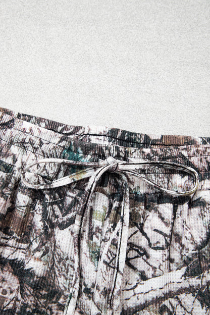 Brown Camo Long Sleeve Top Elastic Waist Shorts Two Piece Set