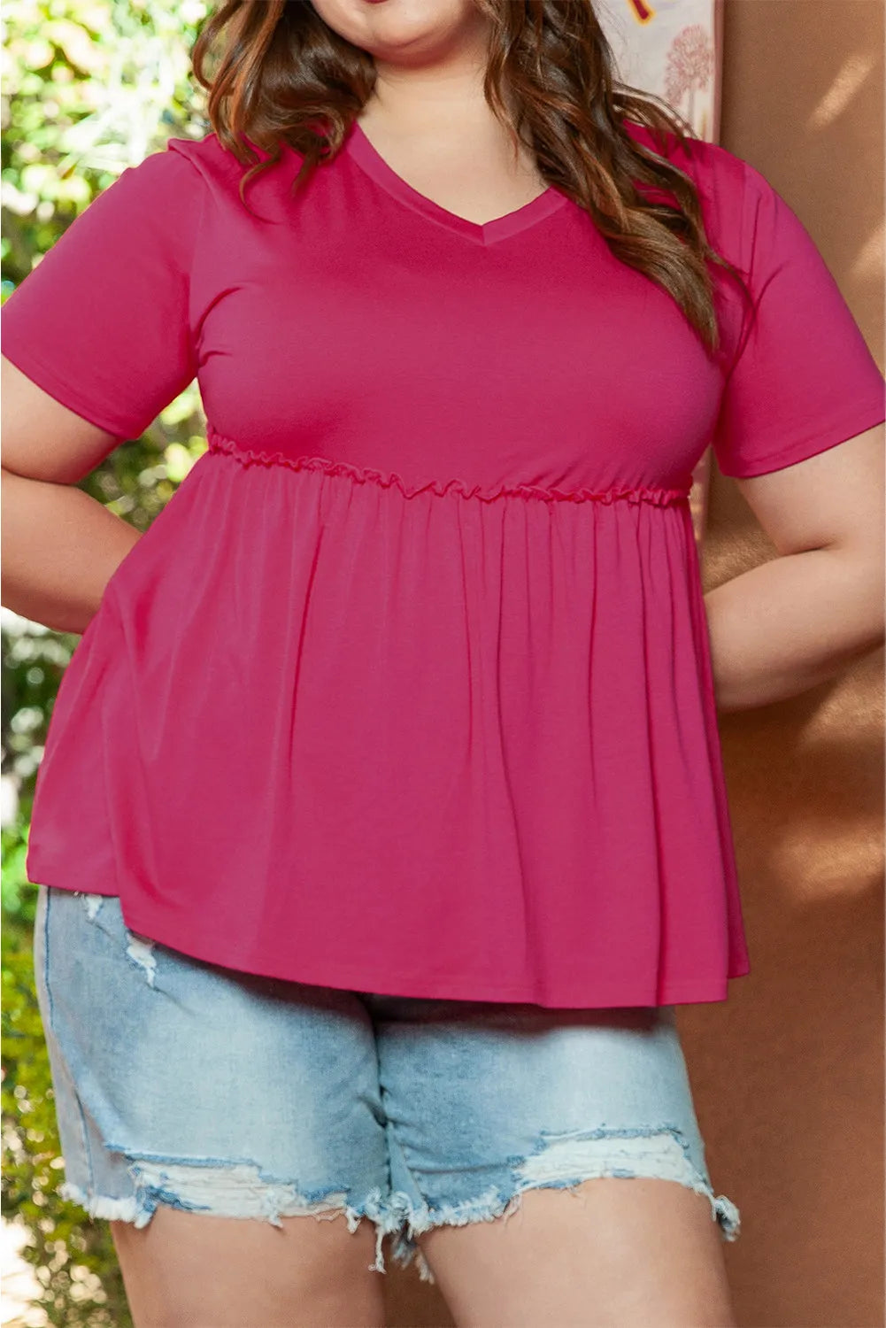 Rose Red Solid Short Sleeve Flowy Plus Size Top - Chic Meadow Boutique 