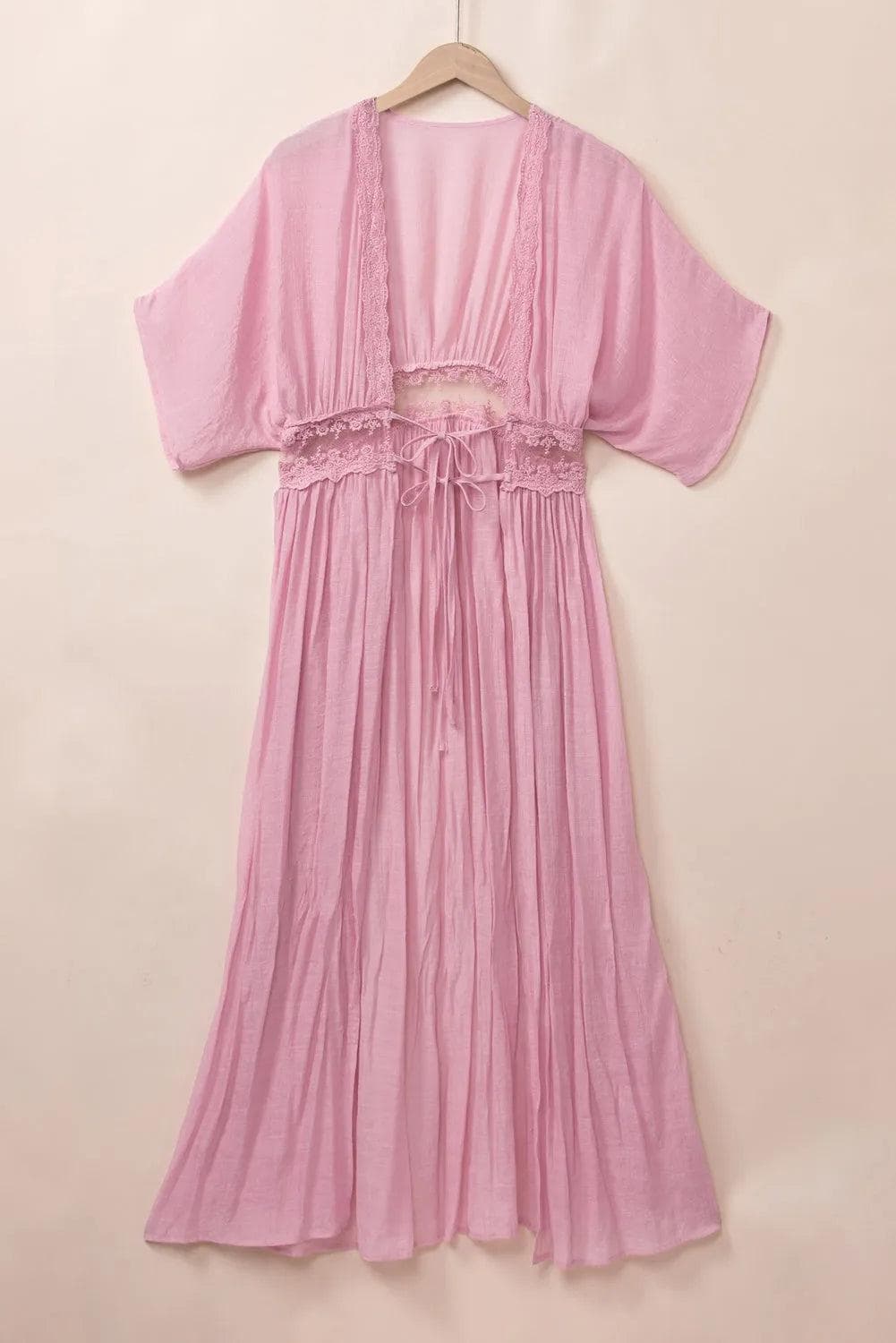 Outerwear/Kimonos Light Pink Lace Splicing Open Front Maxi Kimono