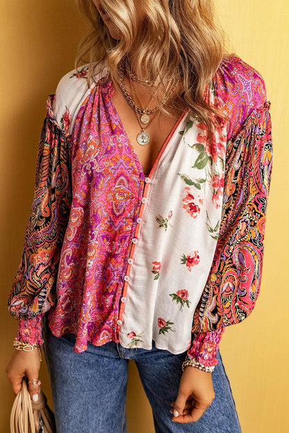 Plus Size/Plus Size Tops/Plus Size Blouses & Shirts Pink Multicolor Floral Patchwork Shirred Cuffs Buttoned Blouse