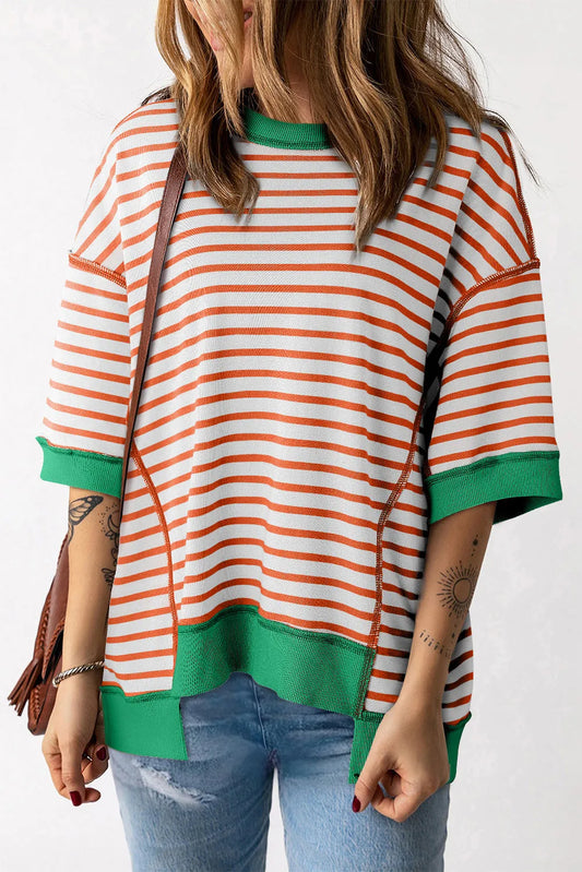 Orange Stripe Oversized Contrast Trim Exposed Seam High Low T Shirt - Chic Meadow Boutique 