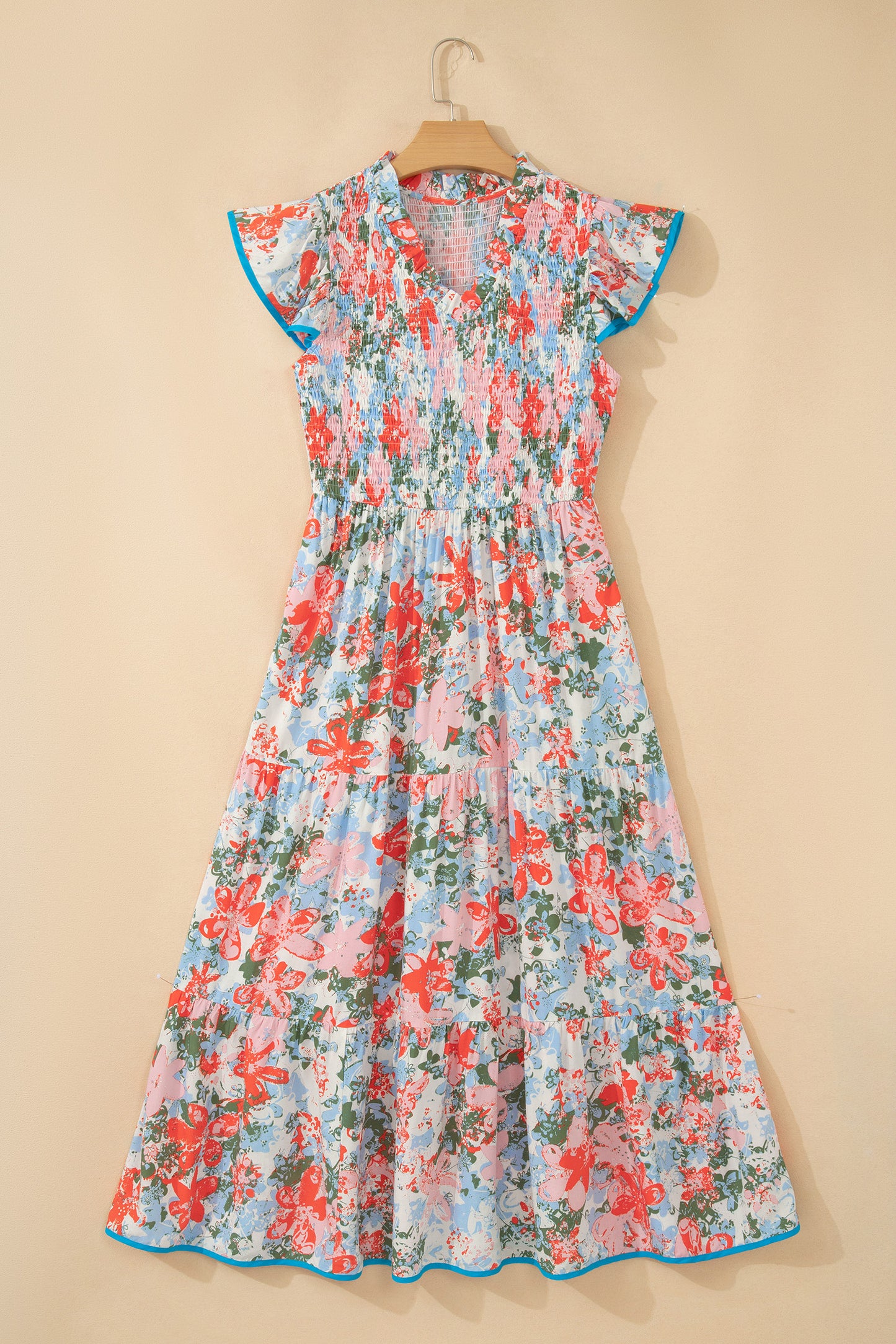 Apricot Floral Print V Neck Contrast Trim Flutter Sleeve Long Dress