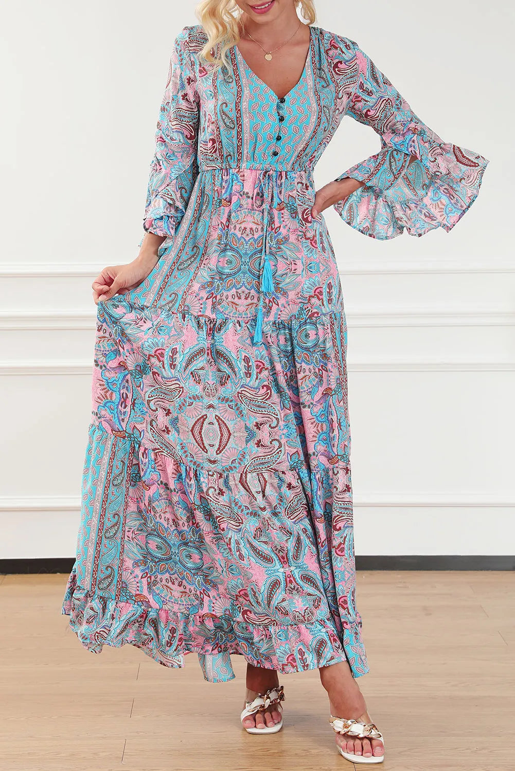 Paisley Printed Ruffle Trim Elegant Maxi Dress - Chic Meadow Boutique 