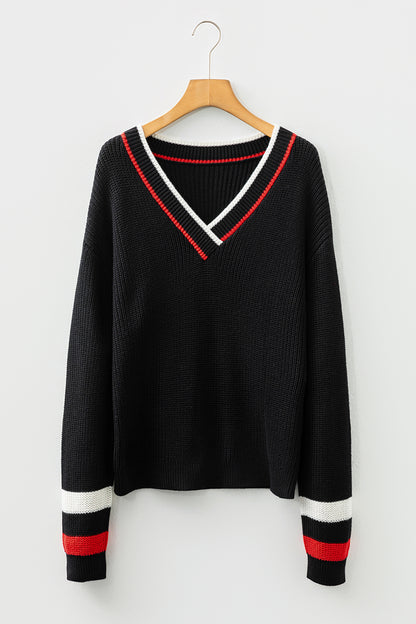Black Contrast Striped Trim V Neck Drop Shoulder Sweater