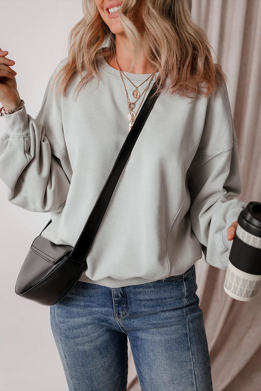 Gray Exposed Seam Batwing Sleeve Drop Shoulder Sweatshirt - Chic Meadow Boutique 