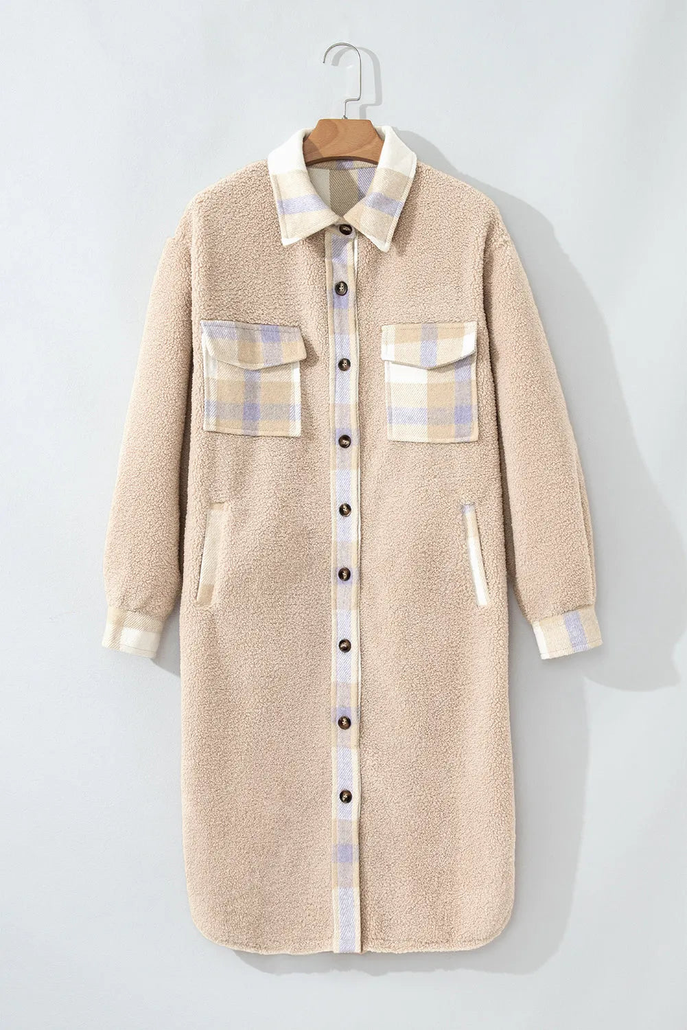 Smoke Gray Plaid Patchwork Collared Button-up Sherpa Long Coat - Chic Meadow Boutique 