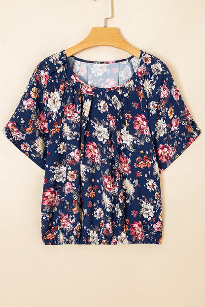 Blue Floral Short Sleeve Scoop Neck Casual Blouse