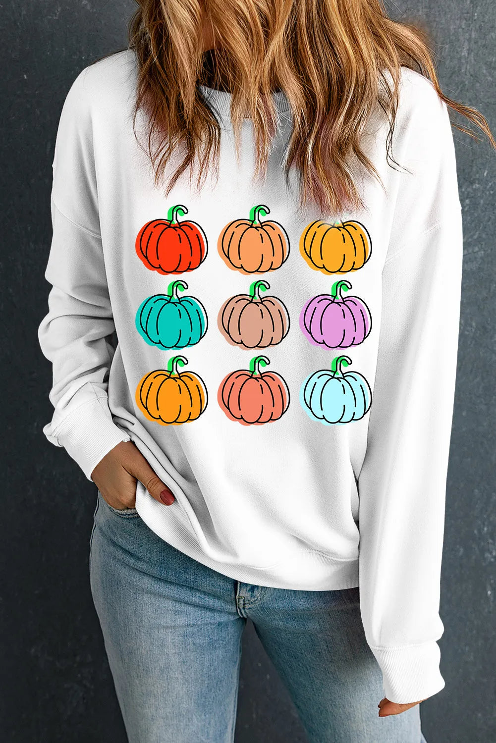 Beige Vibrant Pumpkins Print Crew Neck Halloween Sweatshirt - Chic Meadow Boutique 