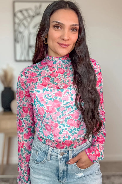 Pink Slim Fit Floral Mesh Long Sleeve Mock Neck Top
