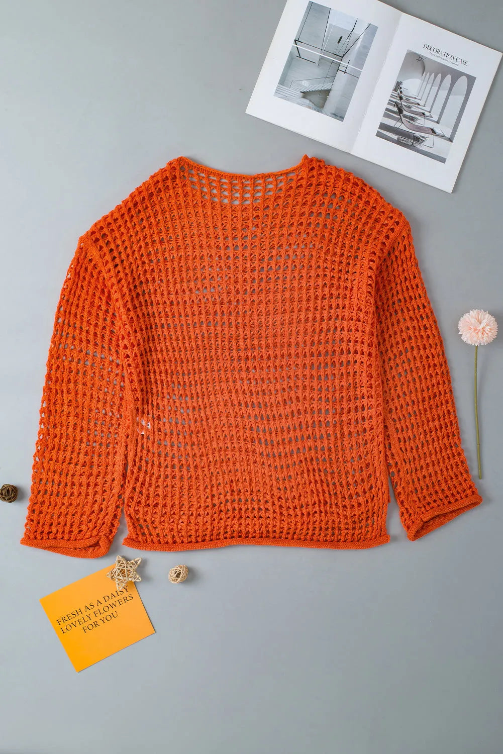 Orange Open Knit Crochet Bell Sleeve Tunic Sweater - Chic Meadow Boutique 