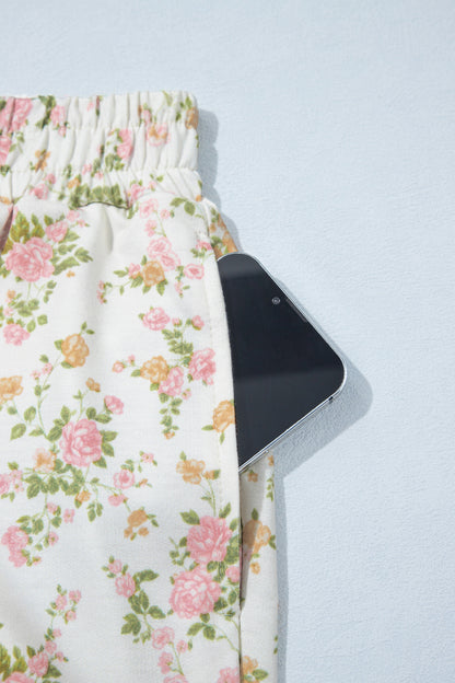 Beige Floral Print Long Sleeve Shift Top Pocketed Shorts 2pcs Set