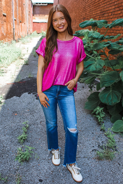 Festival Fuchsia Shine Shimmer Cuffed Short Sleeve Casual Top