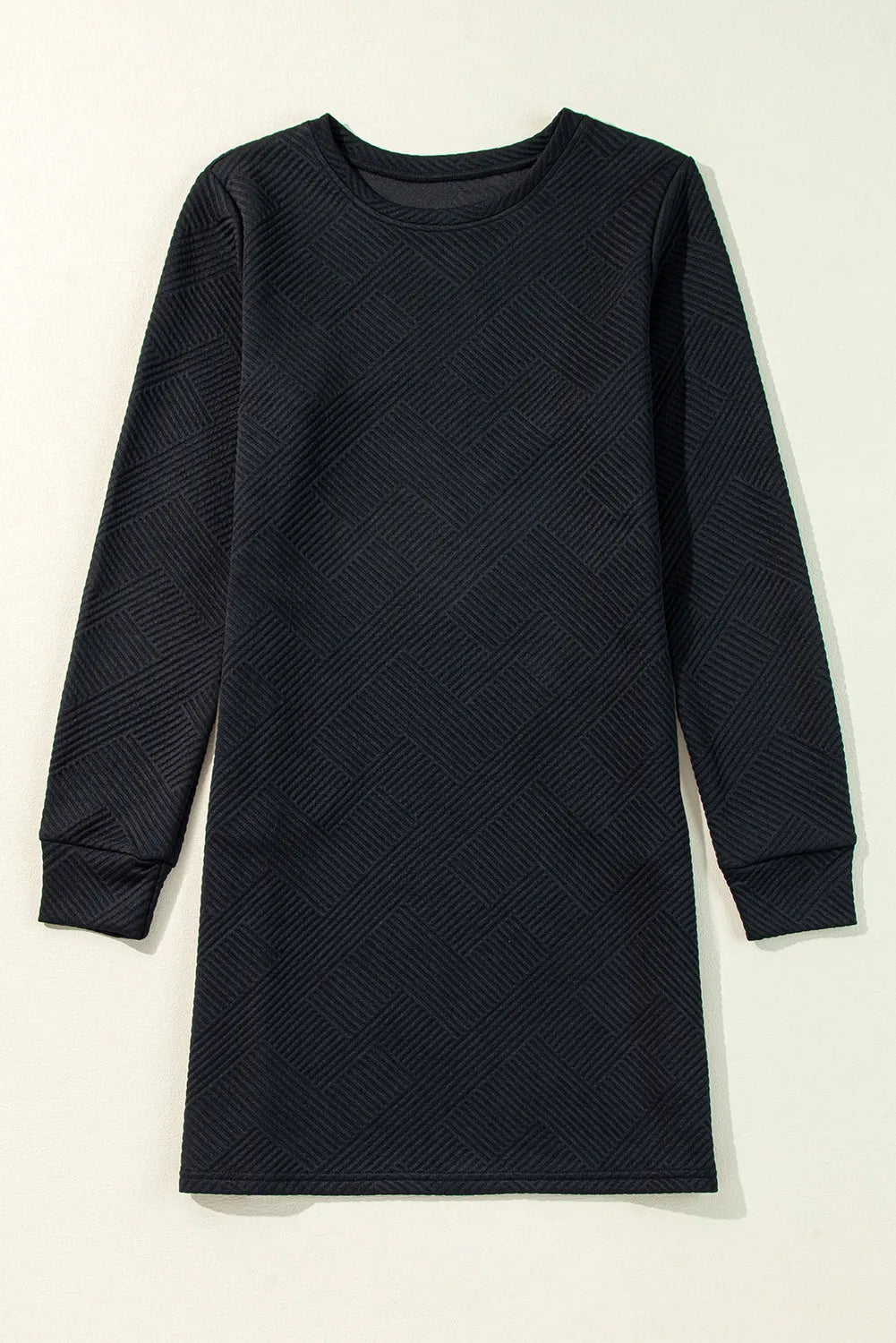 Black Solid Color Textured Long Sleeve Shift Dress - Chic Meadow Boutique 