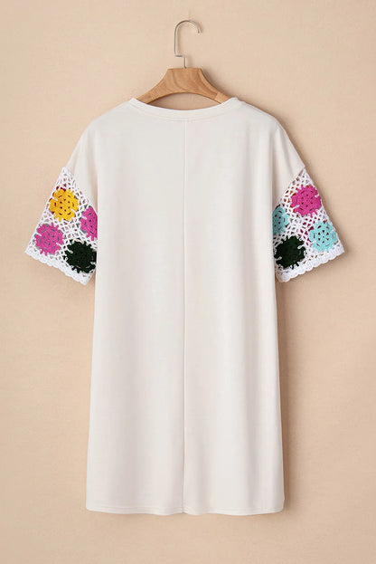 White Floral Crochet Splicing Sleeve T Shirt Dress - Chic Meadow Boutique 