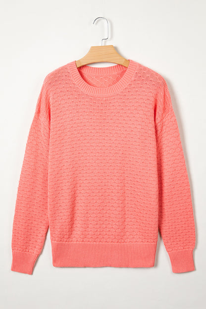 Coral Paradise Drop Shoulder Ribbed Knit Ribbed Long Sleeve Sweater