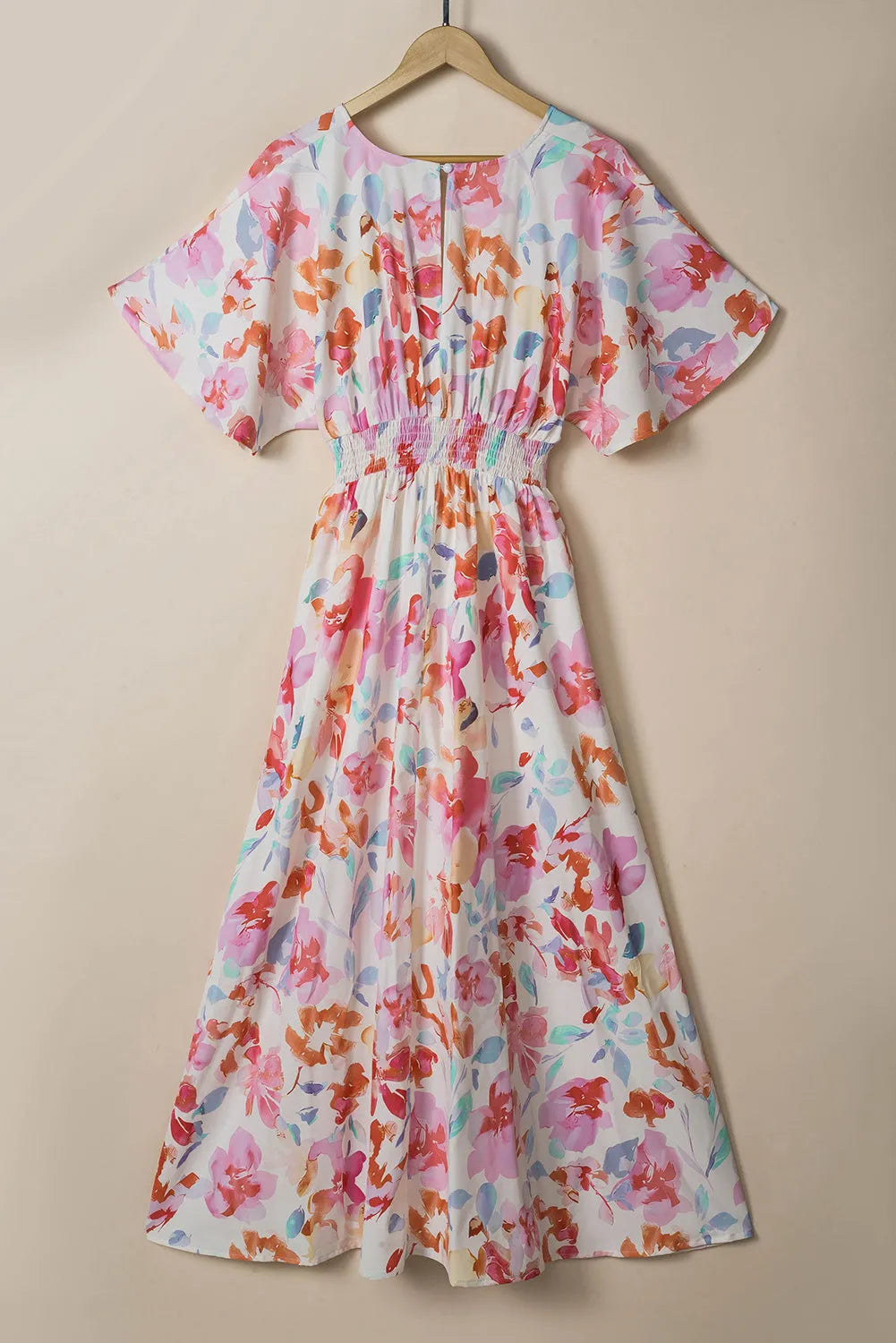 Multicolor Tropical Floral Print Ruched V Neck Maxi Dress - Chic Meadow Boutique 