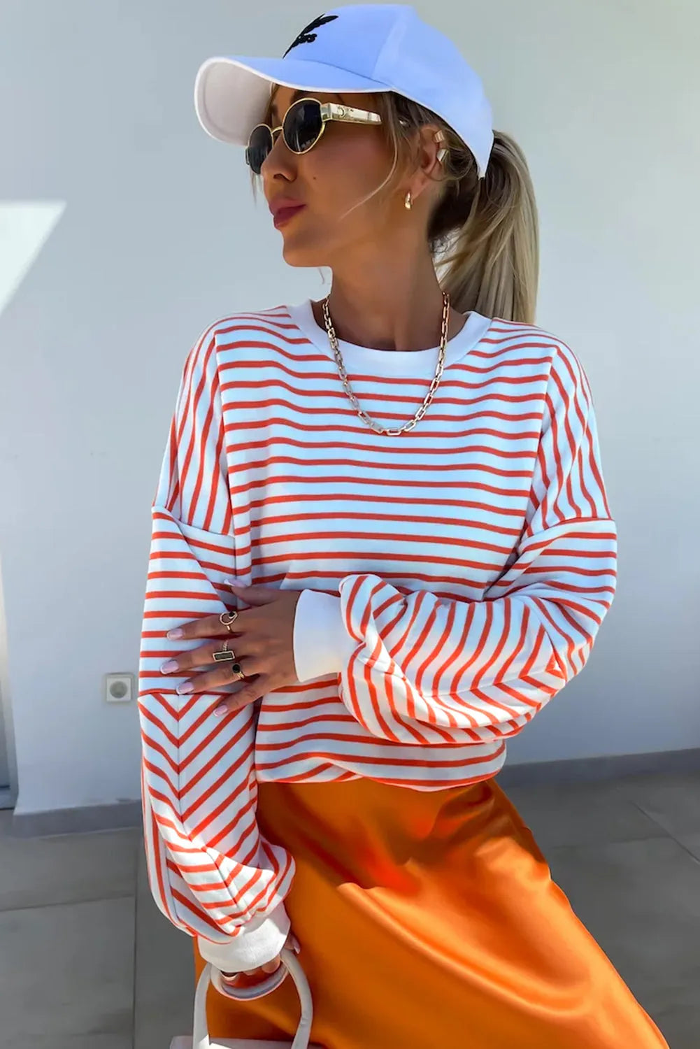 Orange Stripe Drop Shoulder Crew Neck Loose Sweatshirt - Chic Meadow Boutique 