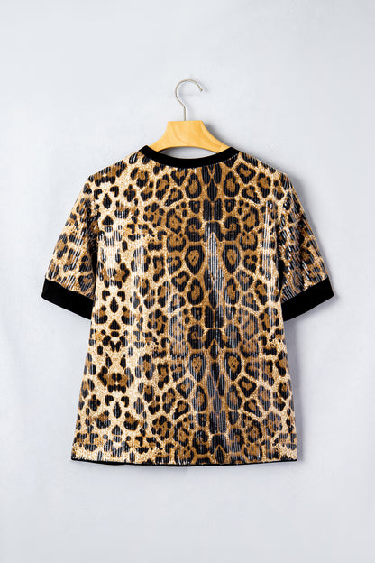 Brown Sequin Leopard Pattern Short Sleeve Top
