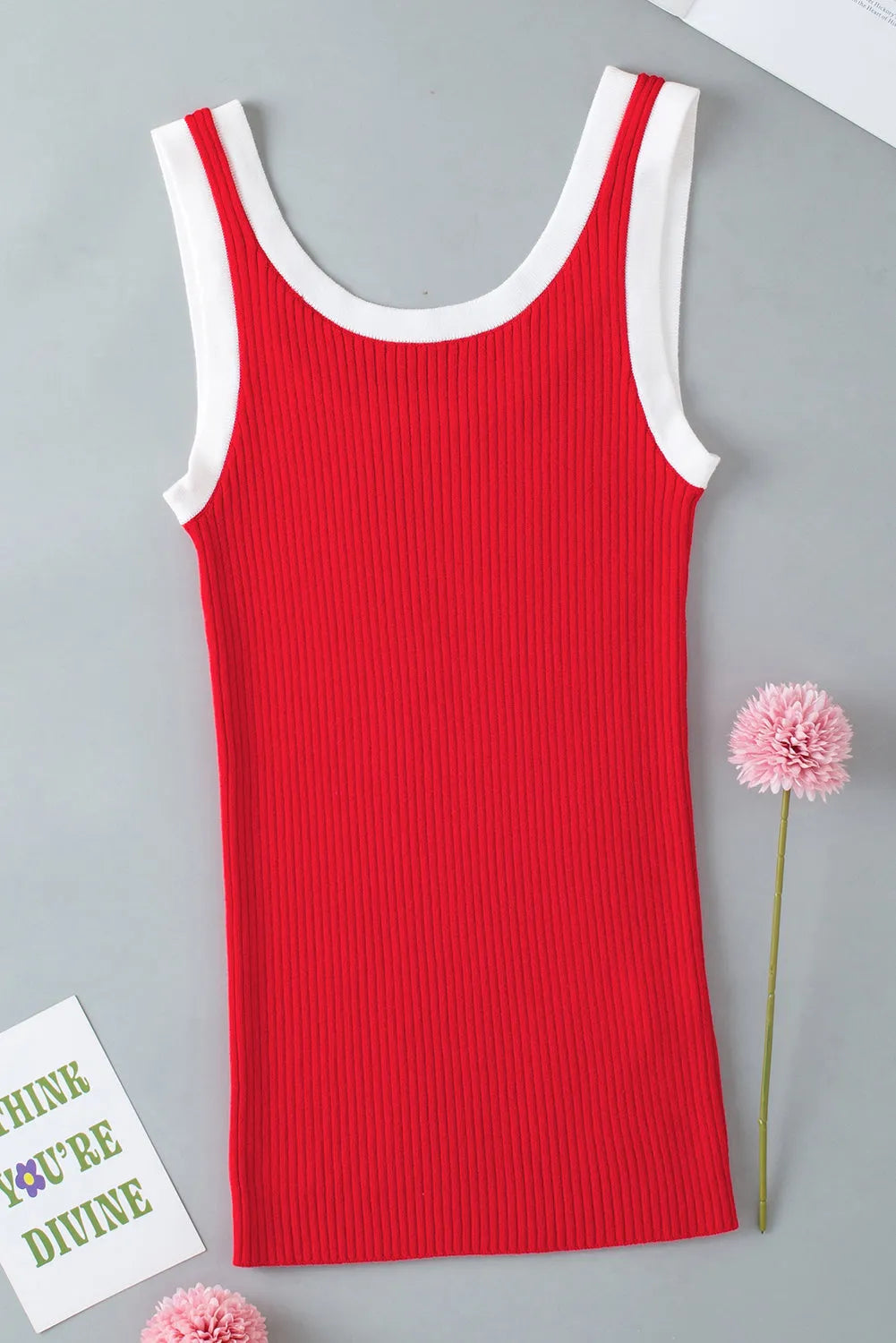 Fiery Red Colorblock Edge Ribbed Knit U Neck Tank Top - Chic Meadow Boutique 