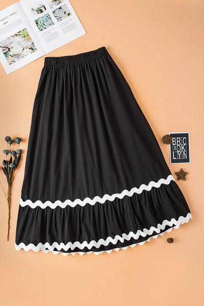 Black Ricrac Trim Colorblock High Waist Long Skirt - Chic Meadow Boutique 