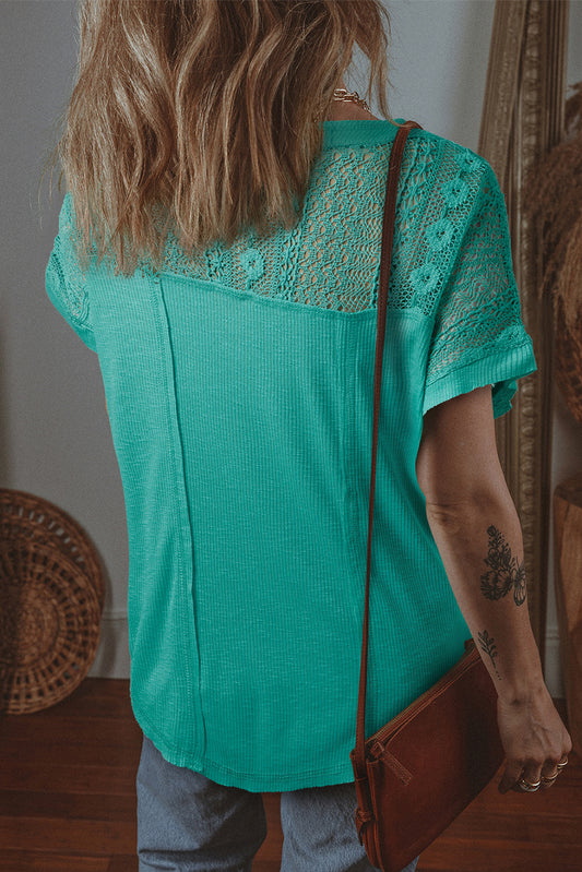 Sea Green Lace Patchwork Split Neck Textured Short Sleeve Blouse