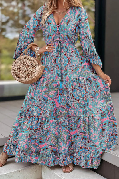 Paisley Printed Ruffle Trim Elegant Maxi Dress - Chic Meadow Boutique 