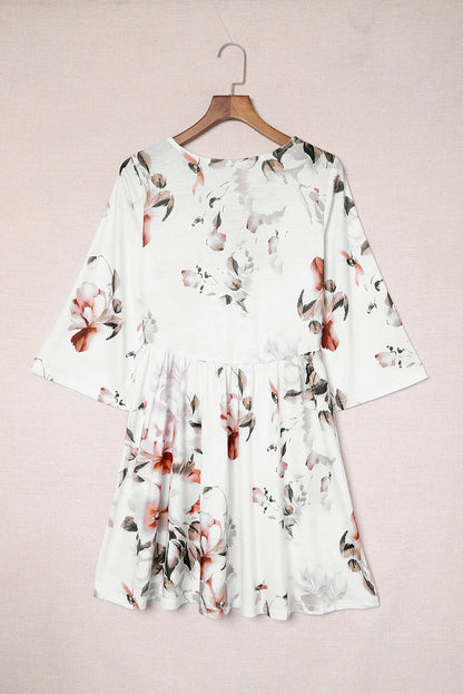 White V Neck 3/4 Sleeve Floral Dress - Chic Meadow Boutique 