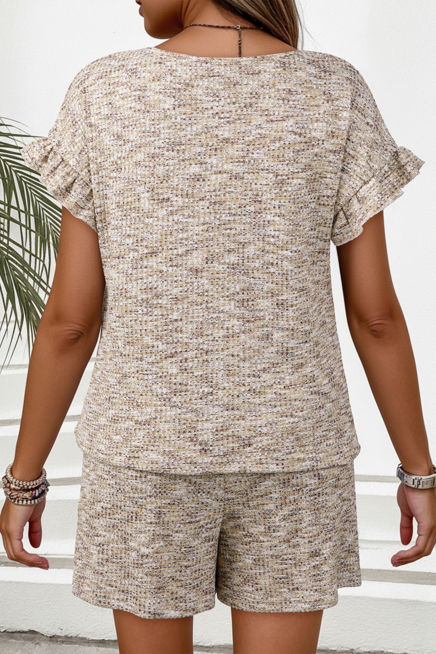 Pale Khaki Heather Textured Ruffle Sleeve Top and Drawstring Shorts Set