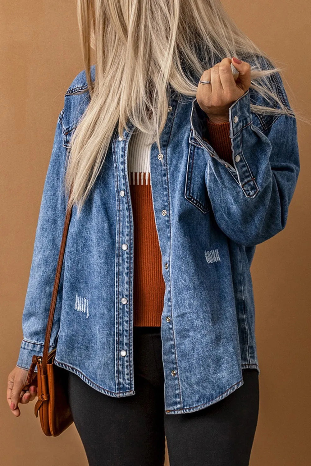 Chest Pockets Long Sleeve Denim Shirt Jacket - Chic Meadow Boutique 