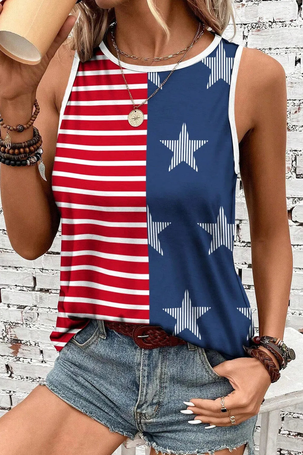 Red USA Flag Printed Round Neck Tank Top - Chic Meadow Boutique 