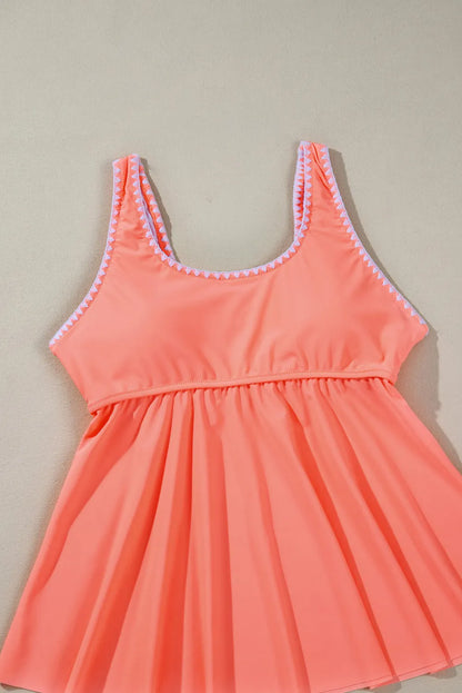 Fresh Salmon Contrast Trim Ruffled Peplum Top Tankini Swimsuit - Chic Meadow Boutique 