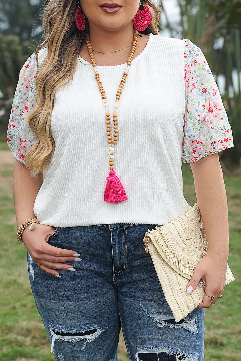 White Contrast Floral Puff Sleeve Ribbed Knit Plus Size Blouse - Chic Meadow Boutique 