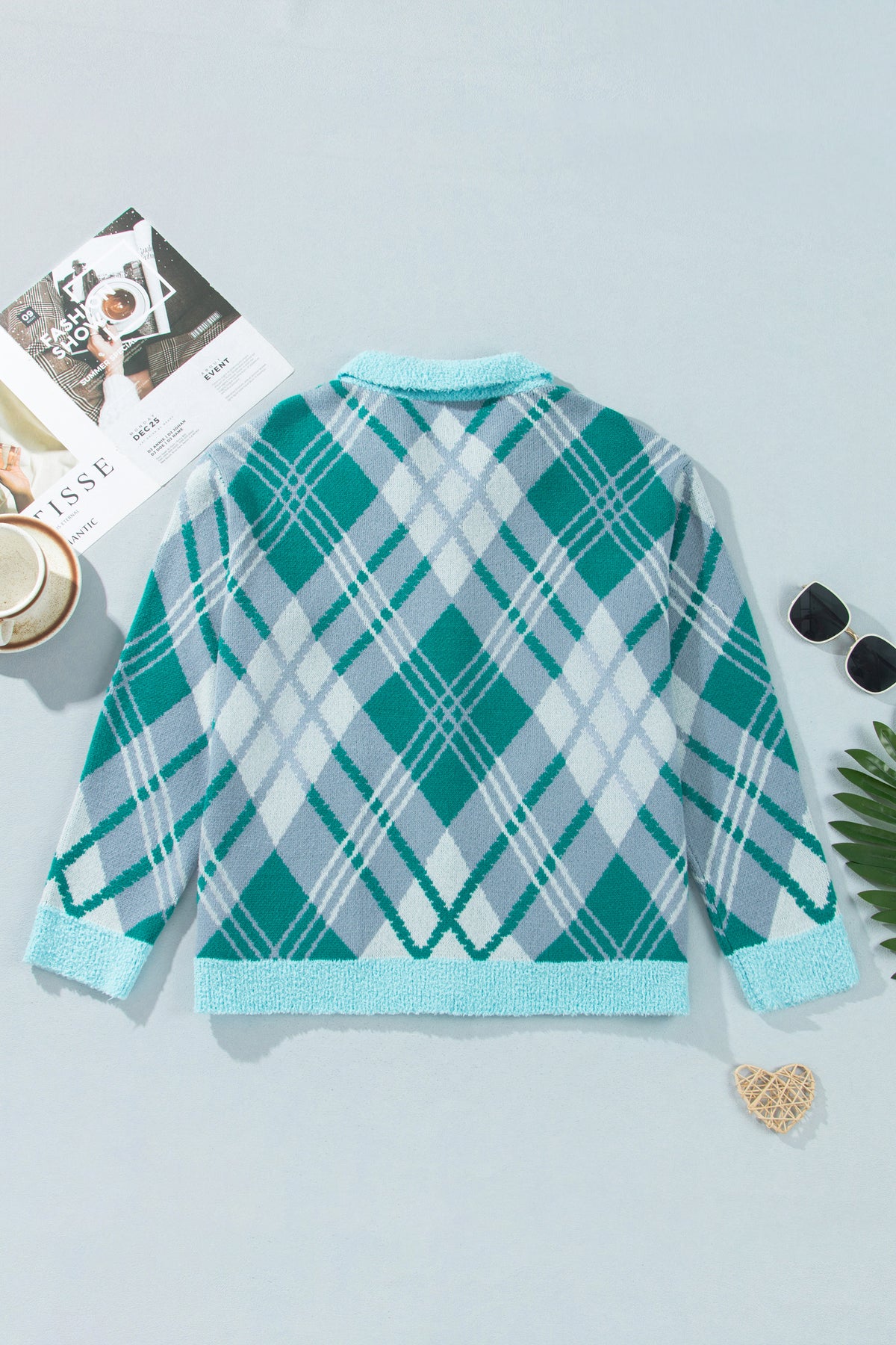 Green Plaid V Neck Long Sleeve Shift Cardigan Sweater