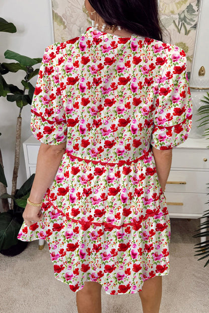Red Floral Puff Sleeve Tiered Ric Rac Pocketed Mini Dress