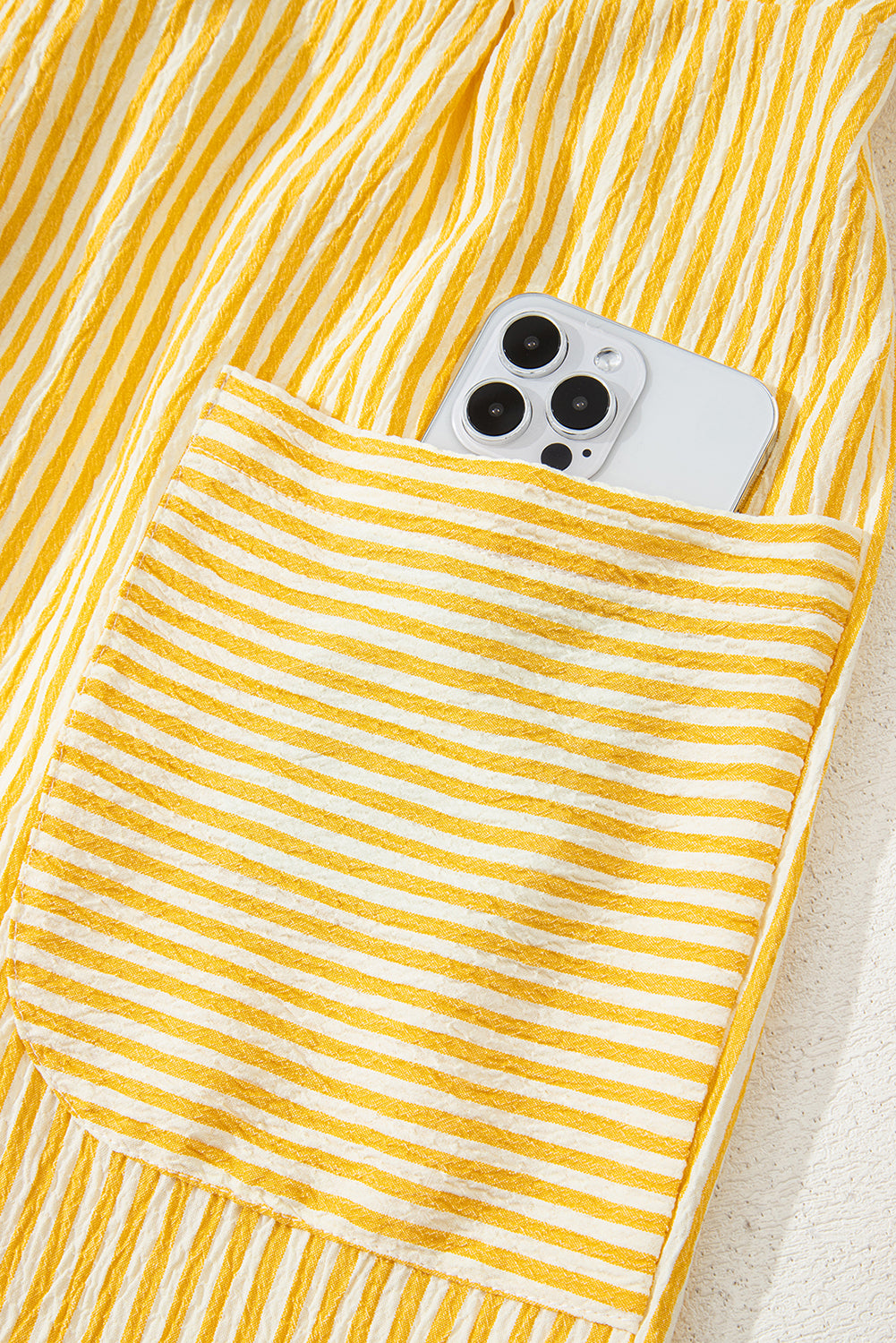 Yellow Stripe Shoulder Tie Smocked Back Wide Leg Casual Romper