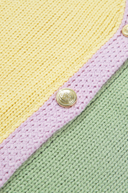 Yellow V Neck Drop Shoulder Patchwork Regular Wash Knitwear Cardigan