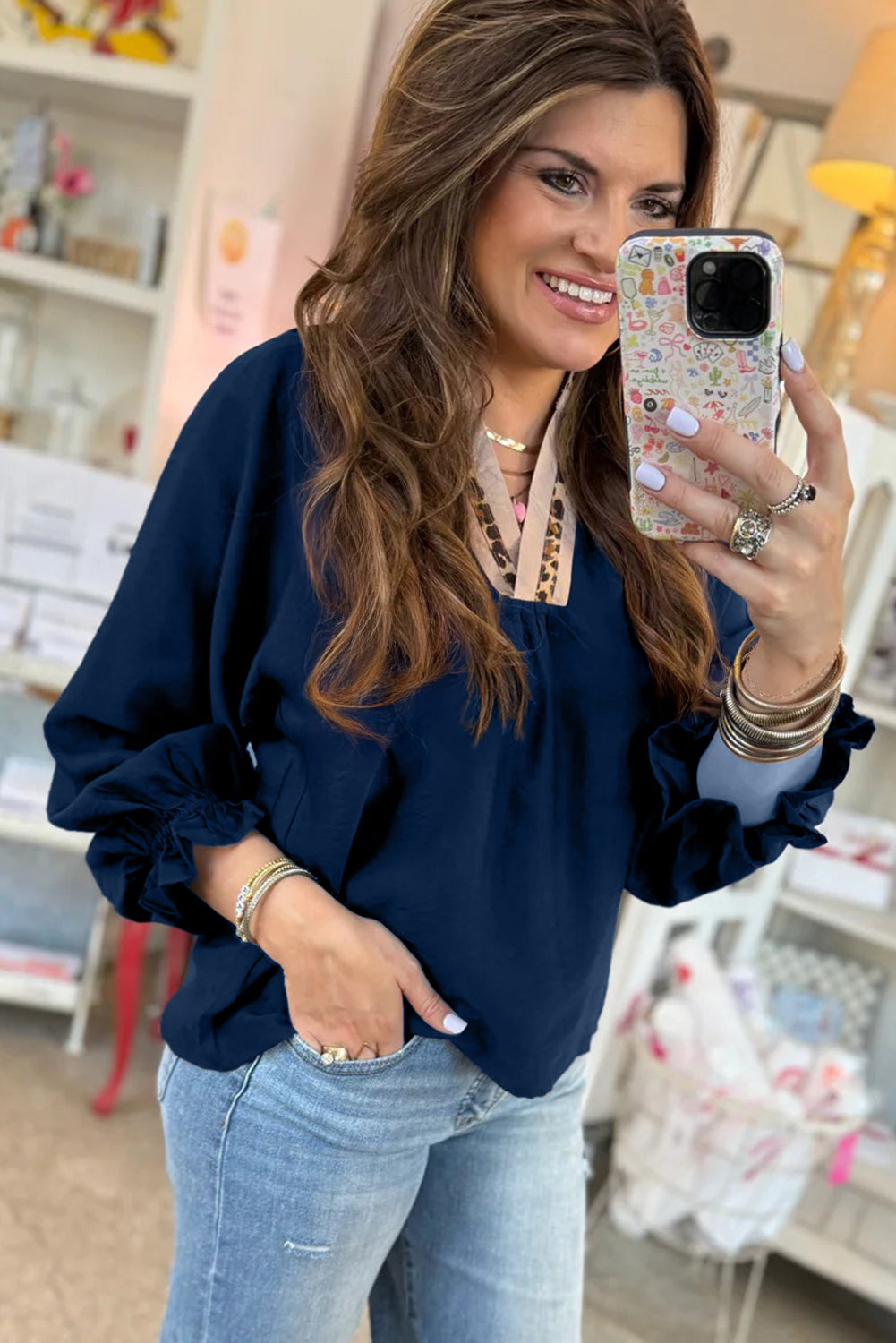 Dirty blue Leopard Trim V Neck Flounced Bracelet Sleeve Blouse