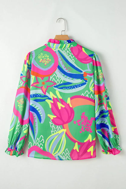 Green Abstract Print Ruffled Sleeve Buttoned V Neck Blouse - Chic Meadow Boutique 