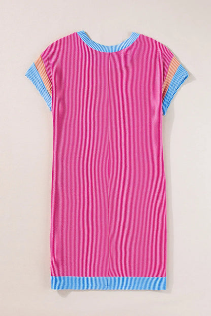 Rose Red Textured Colorblock Edge Patched Pocket T Shirt Dress - Chic Meadow Boutique 