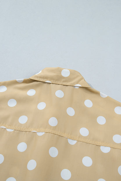 Khaki Polka Dot Print Three Quarter Sleeve Ruffle Hem Casual Shirt