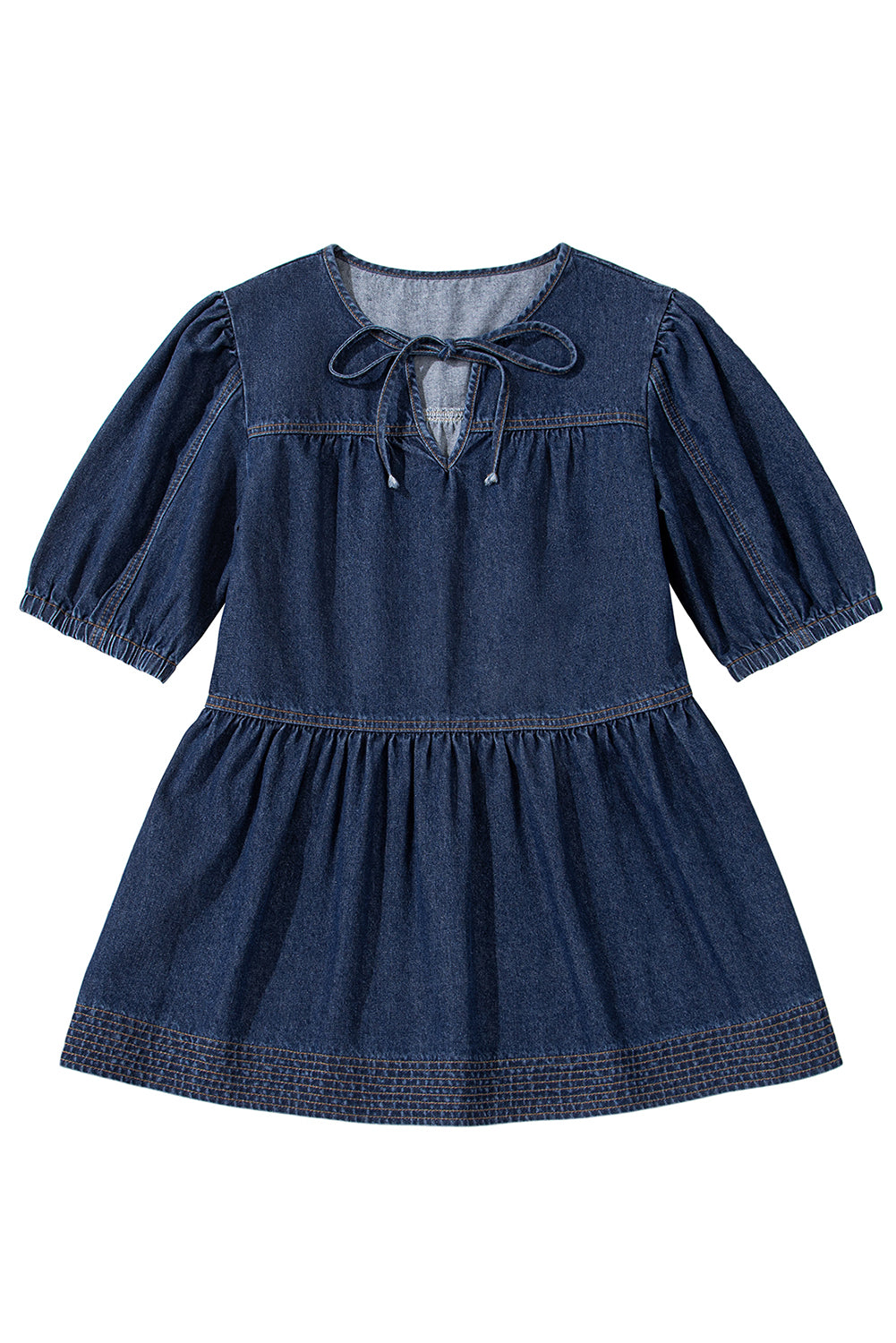 Sail Blue Puff Sleeve Lace-up Neckline Splicing Denim Blouse