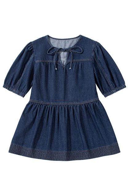 Sail Blue Puff Sleeve Lace-up Neckline Splicing Denim Blouse