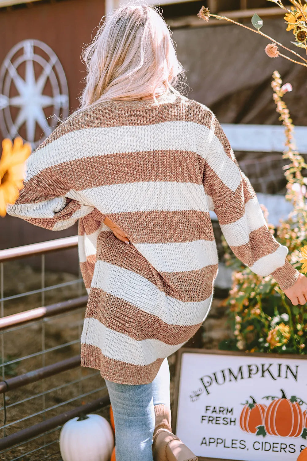 Khaki Striped Colorblock Rib Knit Bubble Sleeve Midi Cardigan - Chic Meadow Boutique 