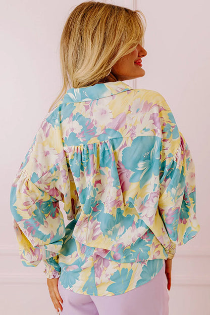 Yellow Floral Allover Print Shirred Cuff Oversized Shirt - Chic Meadow Boutique 