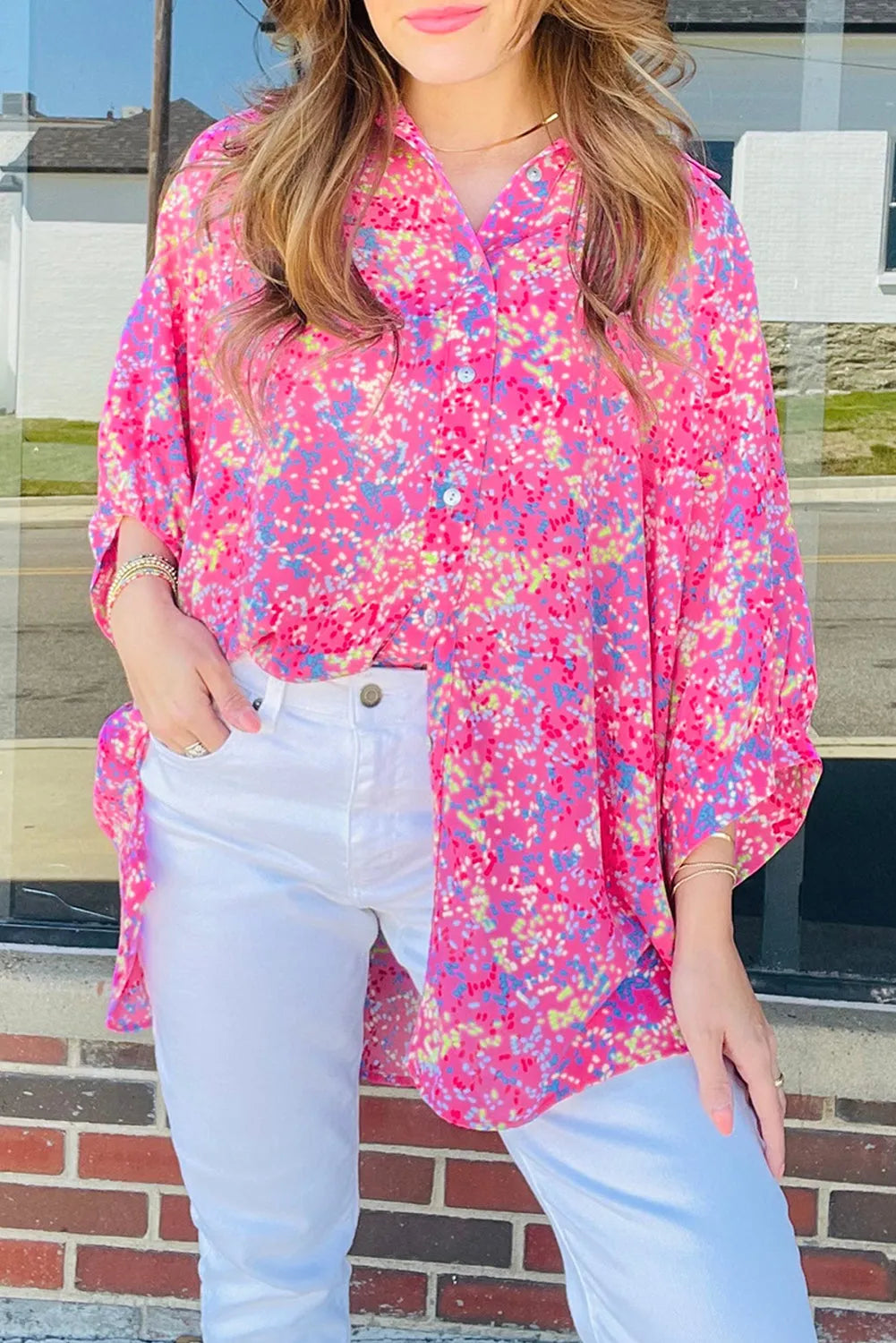 Rose Abstract Print Bracelet Sleeve Oversized Tunic Shirt - Chic Meadow Boutique 